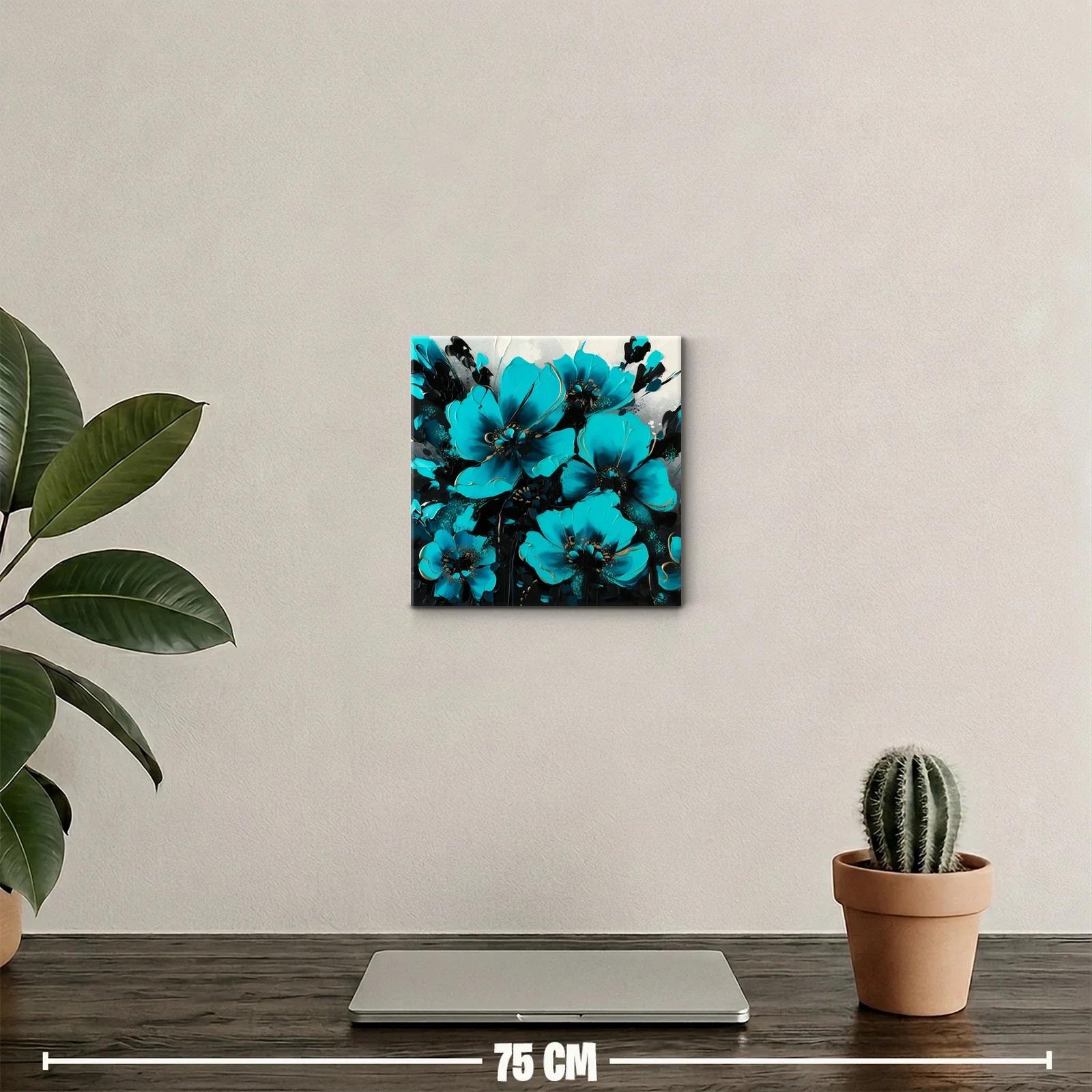 Cuadro decorativo con vibrantes flores en azul turquesa y negro — miniatura 2