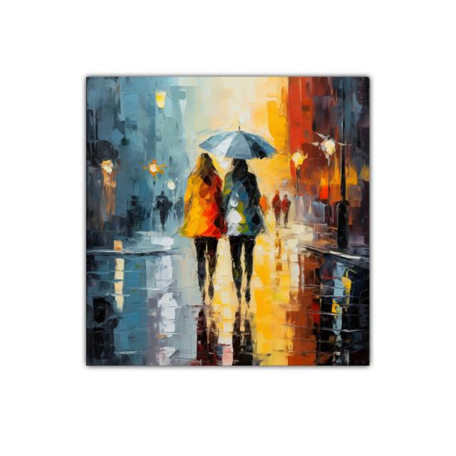 Paseo bajo la lluvia con parasol en tonos vibrantes