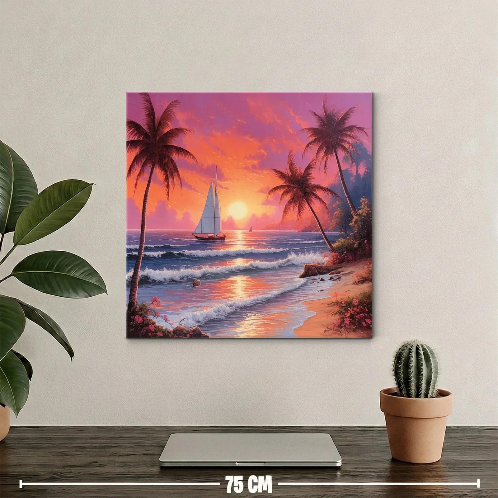 Atardecer tropical con velero y palmeras en la playa — miniatura 2