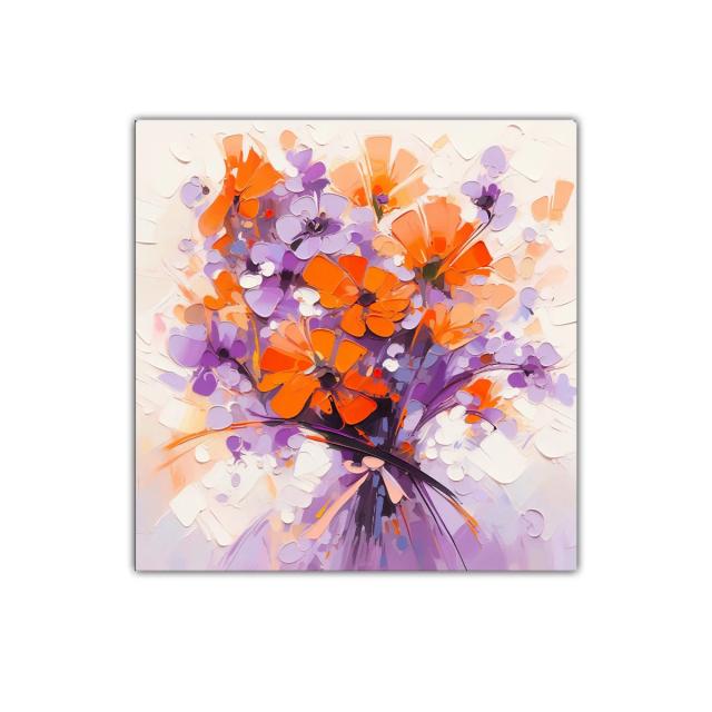 Ramo vibrante con flores naranjas y lilas en composición moderna