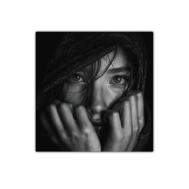 Retrato intenso de mirada femenina en tonos grises