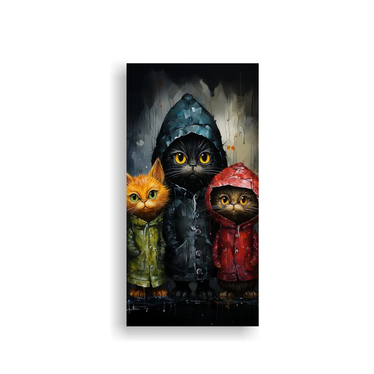 Cuadro tres gatos con impermeables y gotas de pintura