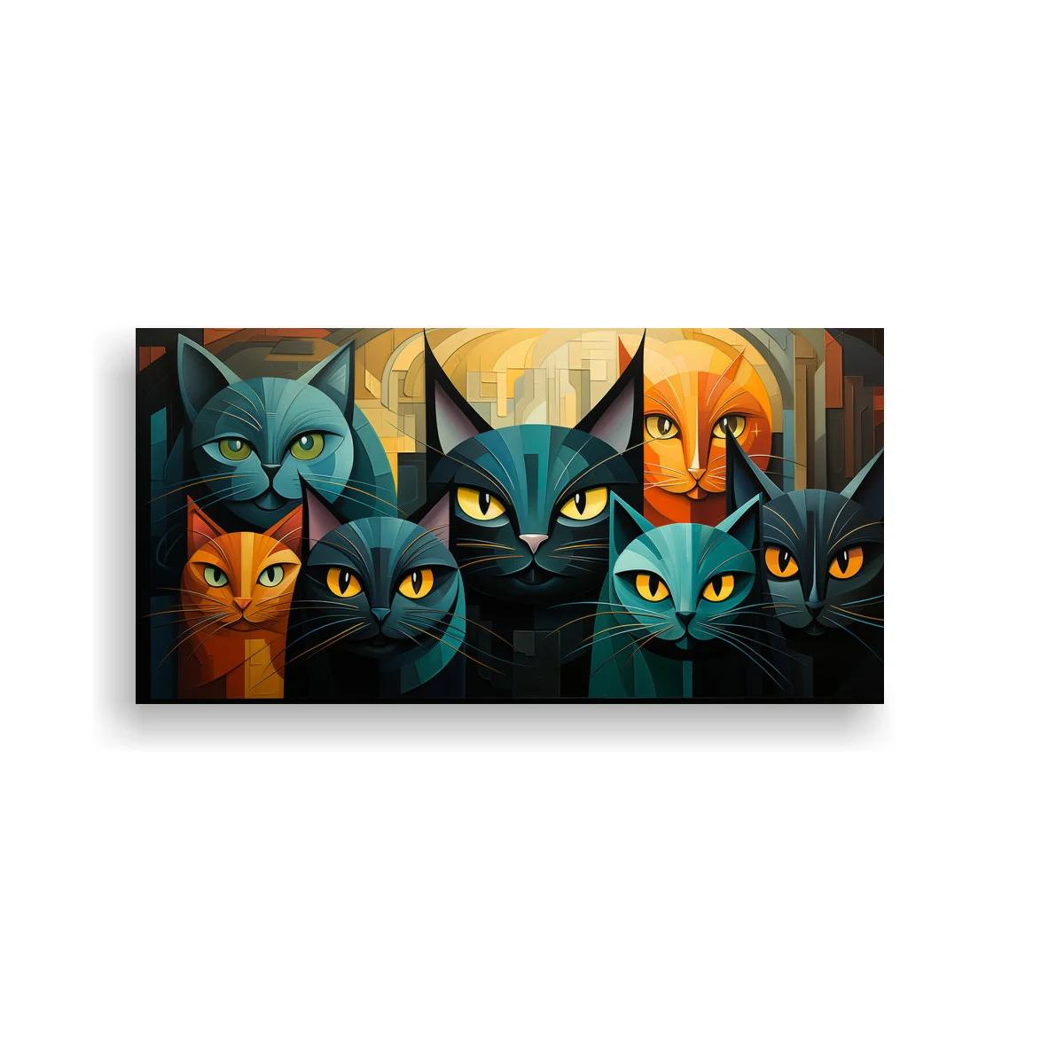 Cuadro grupo de gatos de ojos grandes con planos geométricos