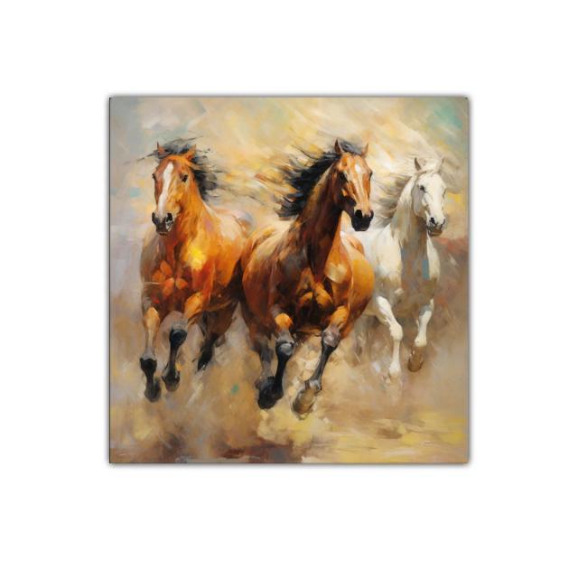 Cuadro de caballos al galope con tonos cálidos y dinámicos