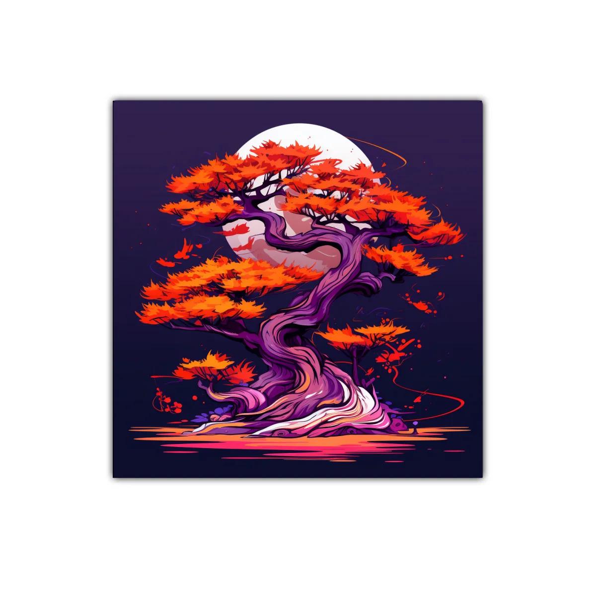 Árbol Bonsái en tonos vibrantes contra luna llena
