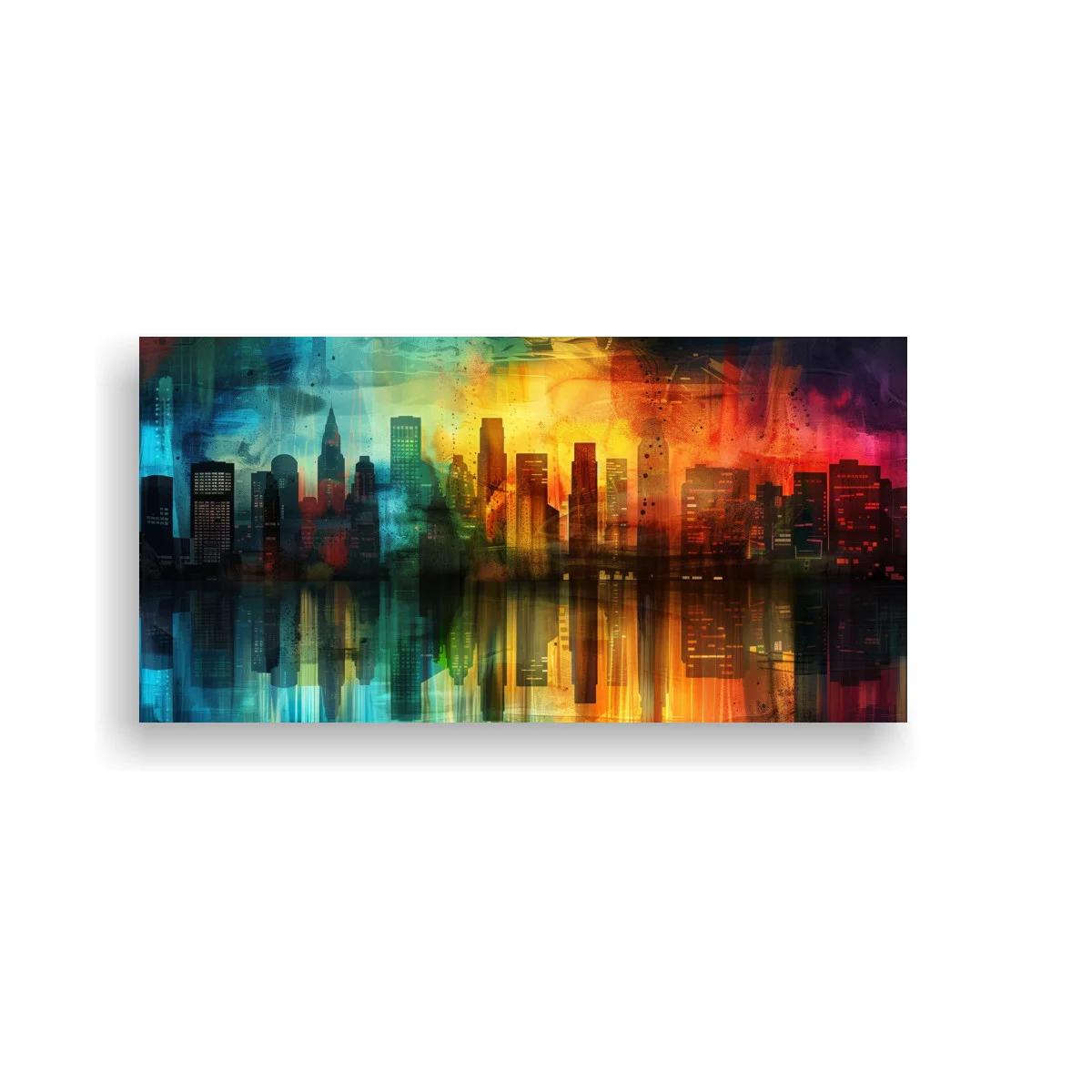 Cuadro skyline urbano con cielo multicolor y reflejo difuminado — imagen principal