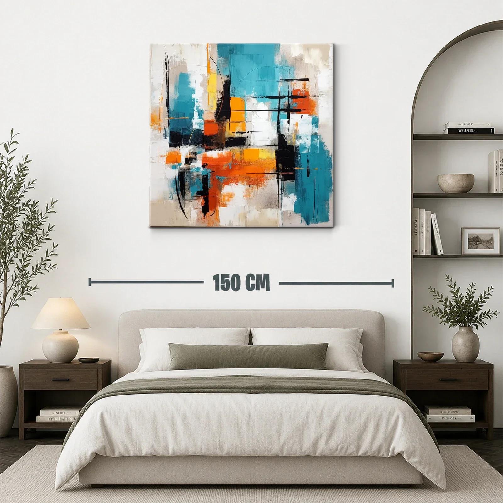 Cuadro abstracto vibrante con tonos turquesa y naranja — miniatura 3