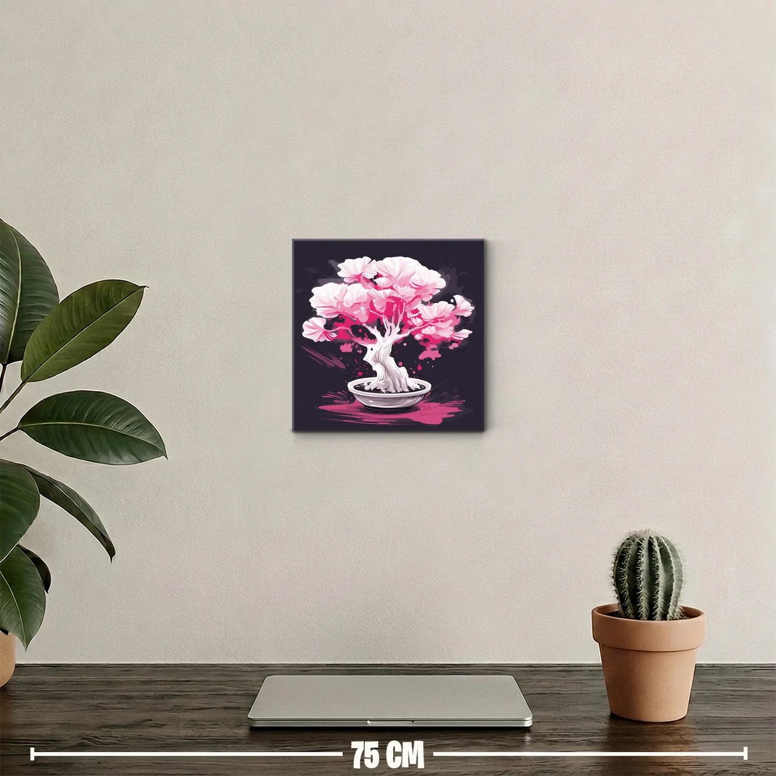 Bonsái en flor con tonos rosas vibrantes y fondo oscuro — miniatura 2