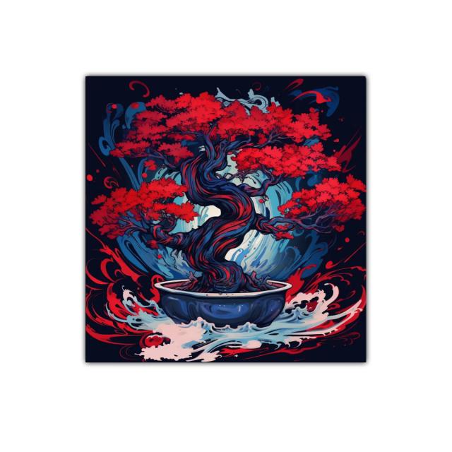 Árbol bonsái en llamas rojas con vibrantes ondas azules