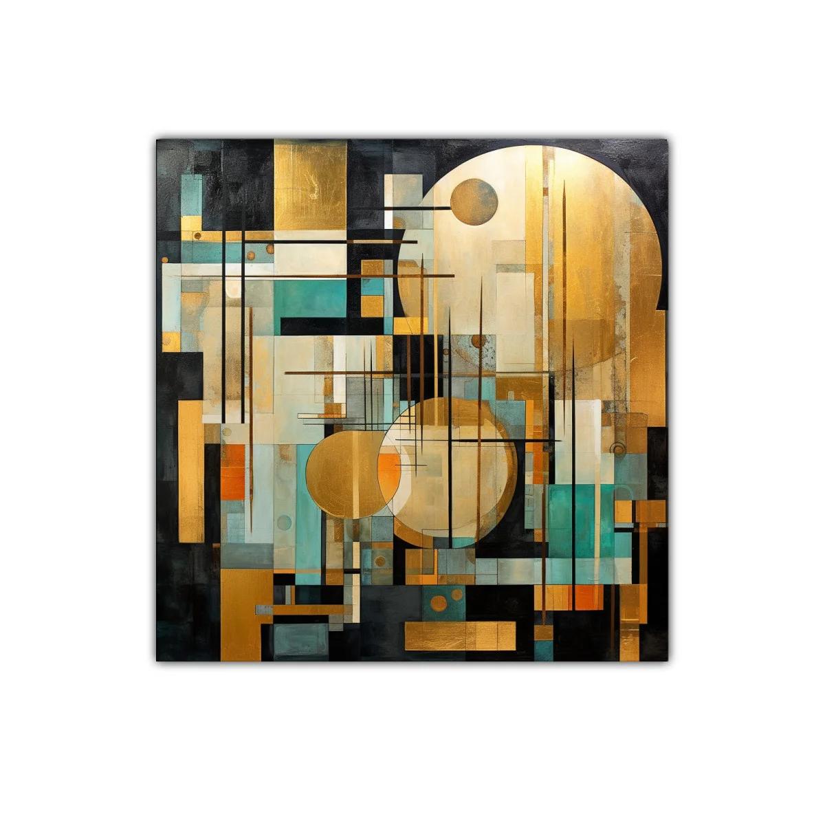 Composición geométrica con círculos dorados y tonos aqua — imagen principal