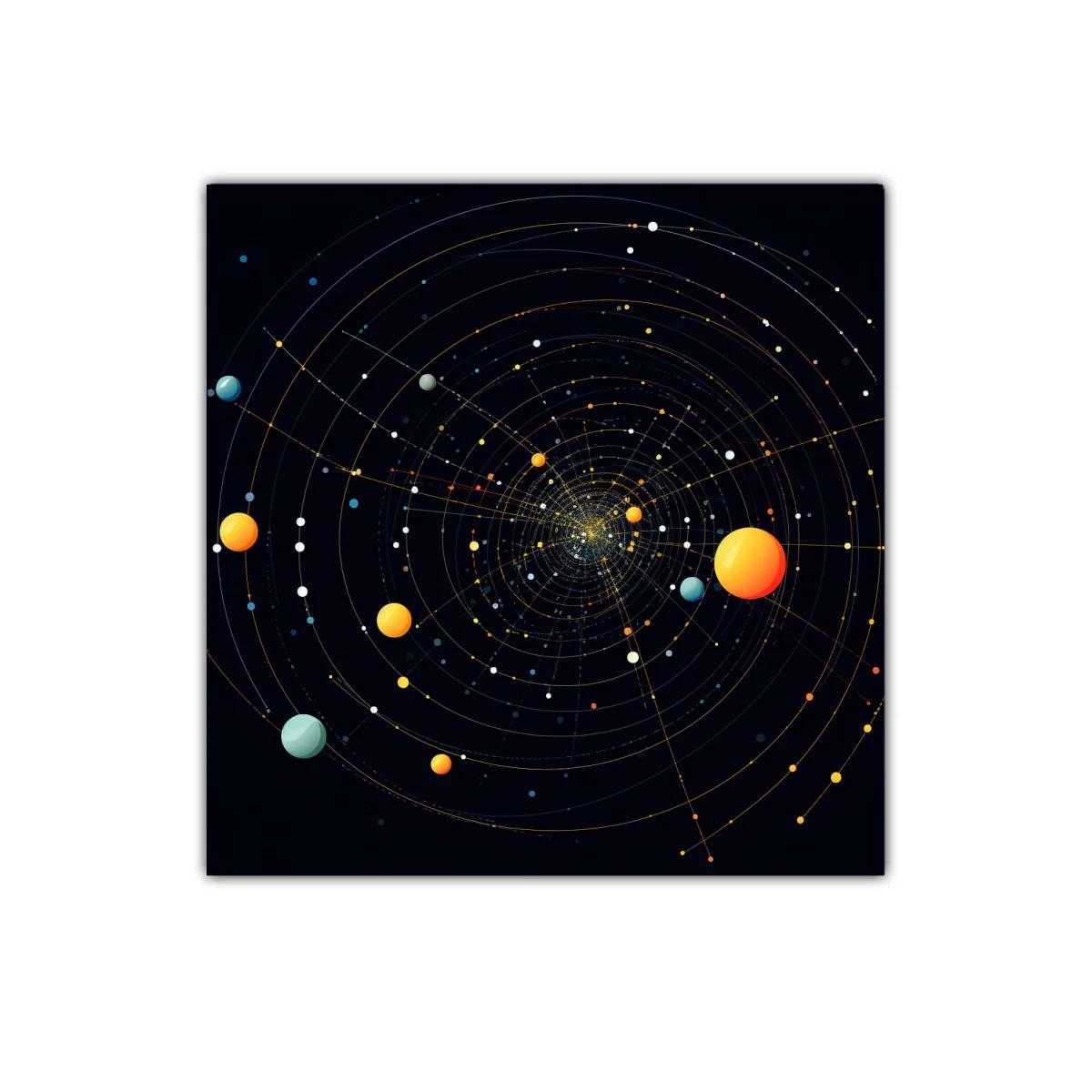Cuadro abstracto con espiral cósmica y elementos planetarios