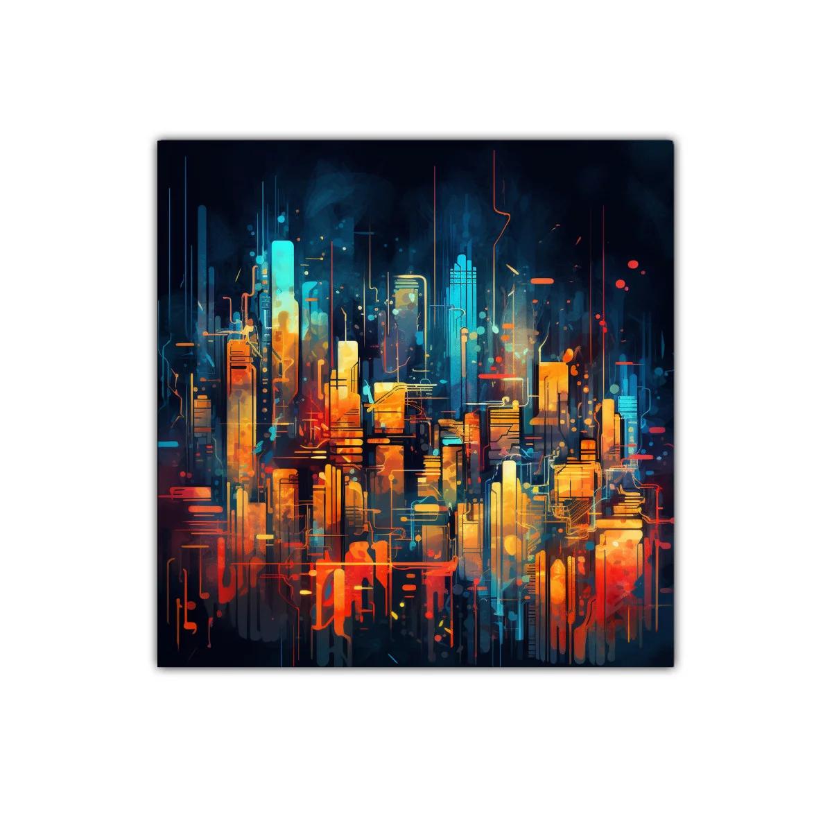 Ciudad futurista vibrante con luces cálidas y frías