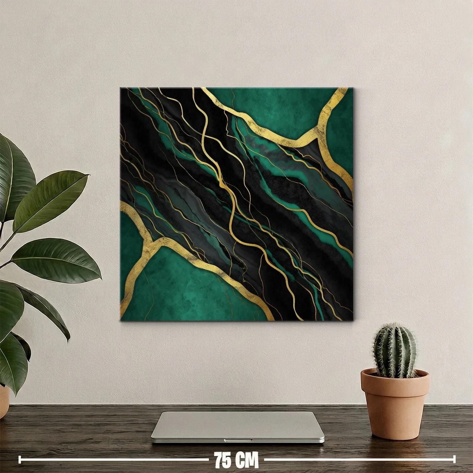 Cuadro abstracto en negro y verde con detalles dorados — miniatura 2