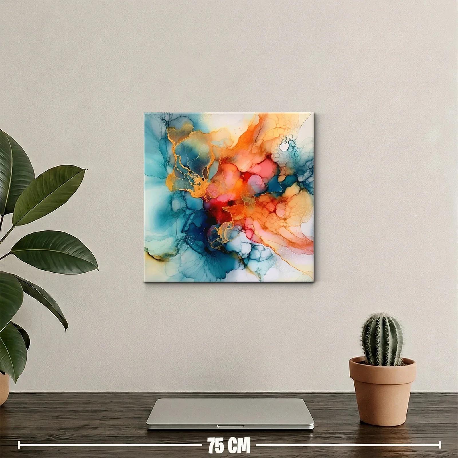 Cuadro abstracto con fluidez en tonos cálidos y azules — miniatura 2