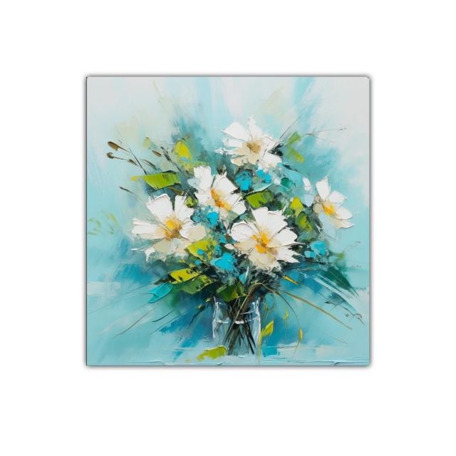 Cuadro de flores blancas con brillo turquesa y verde