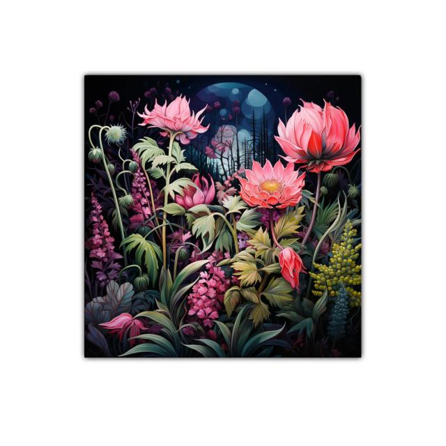 Flores vibrantes bajo un cielo nocturno misterioso