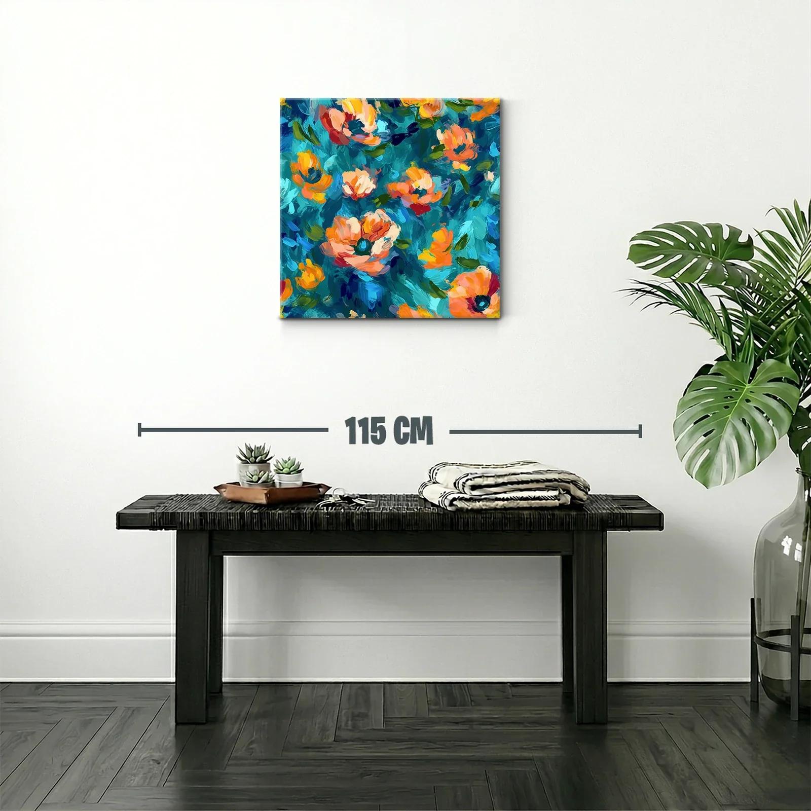 Cuadro con flores vibrantes en tonos azules y naranjas — miniatura 2