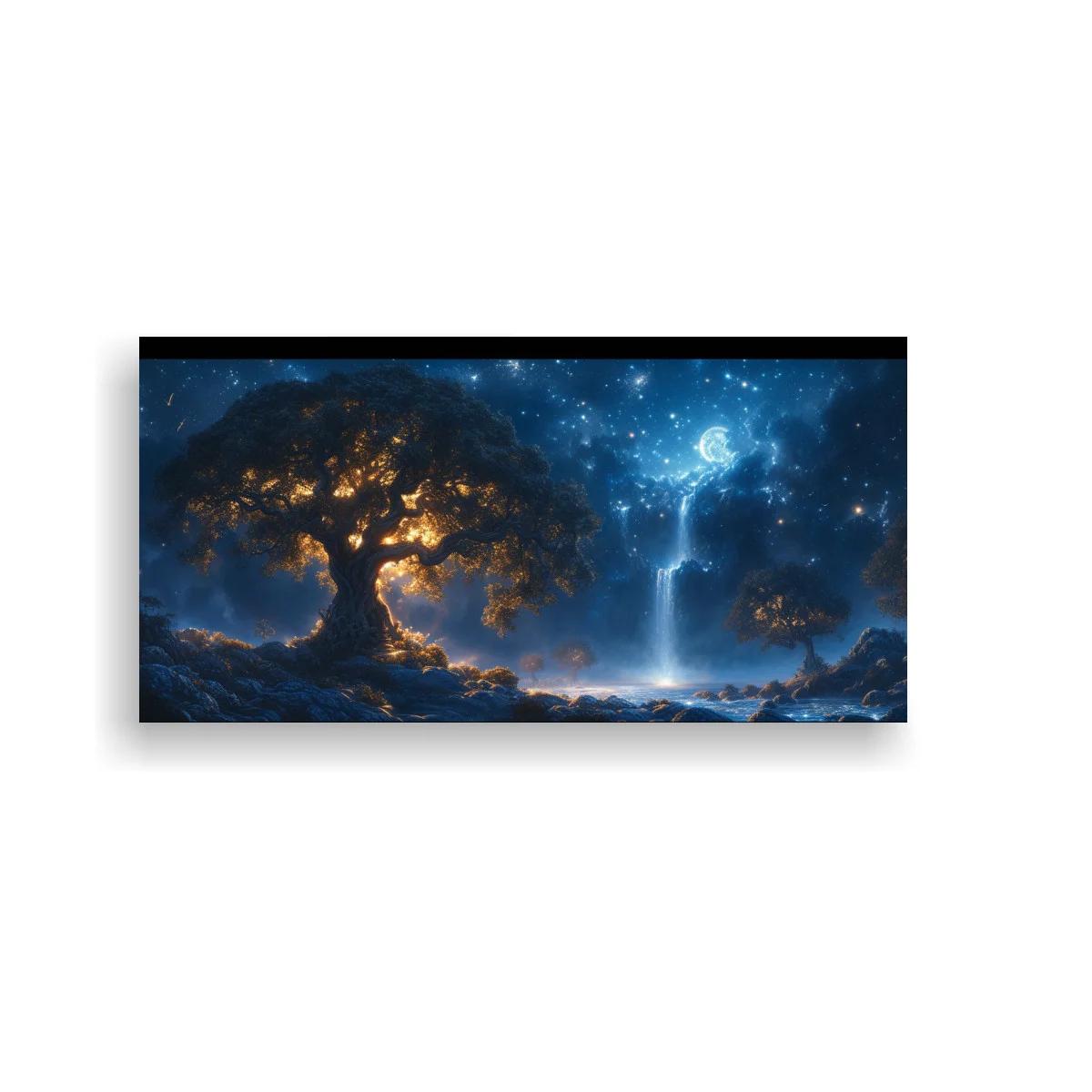 Cuadro árbol resplandeciente con cielo estrellado y cascada luminosa