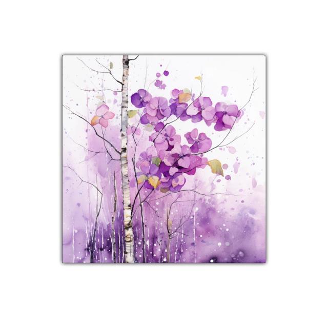 Cuadro decorativo con flores en tonos morados y árboles delicados