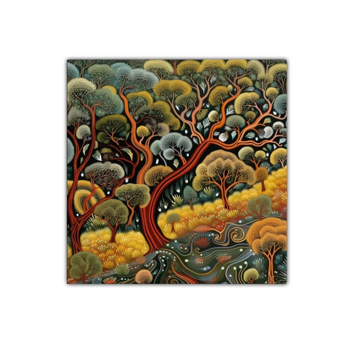 Cuadro con paisaje natural y árboles coloridos vibrantes