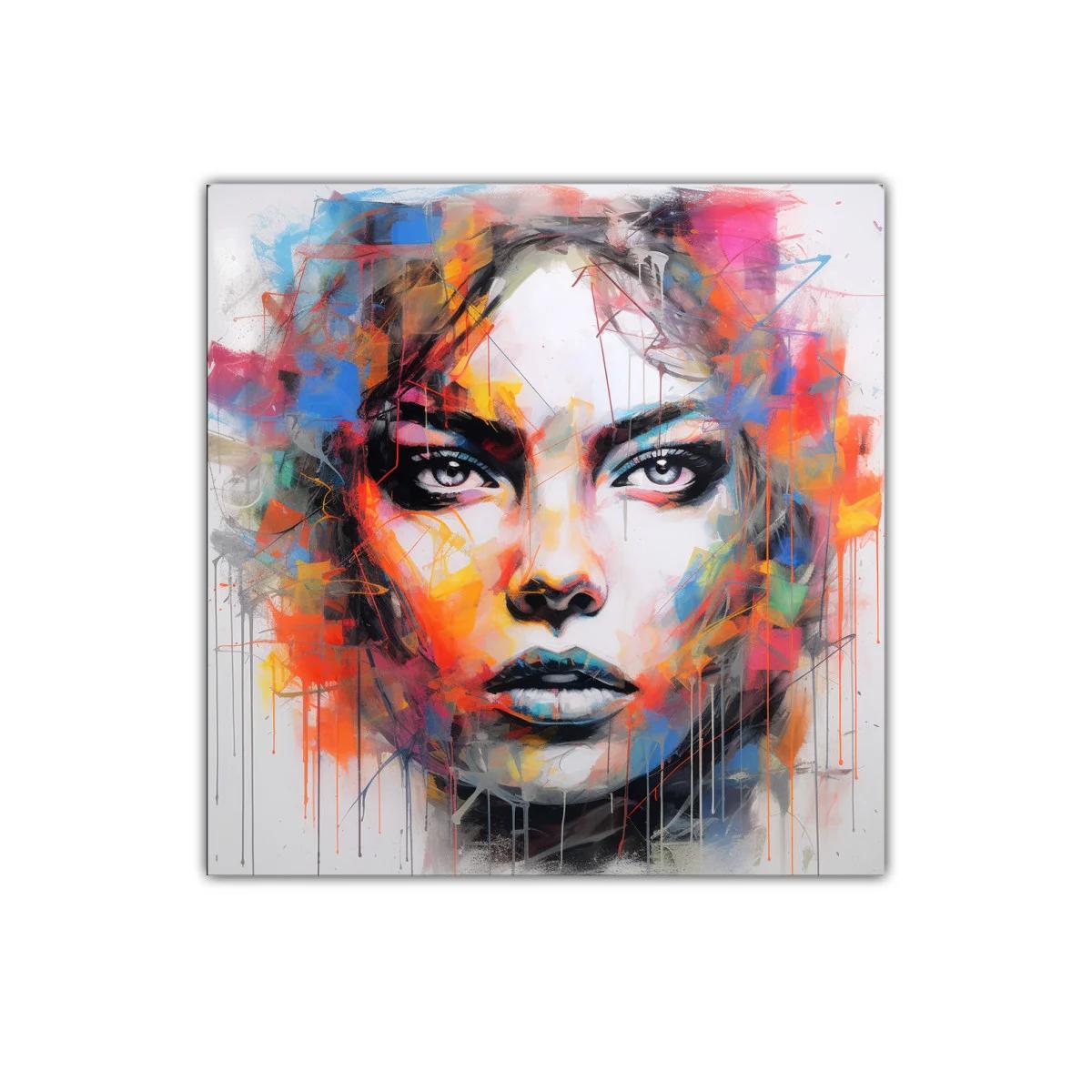 Retrato vibrante con explosión de colores intensos y mirada impactante