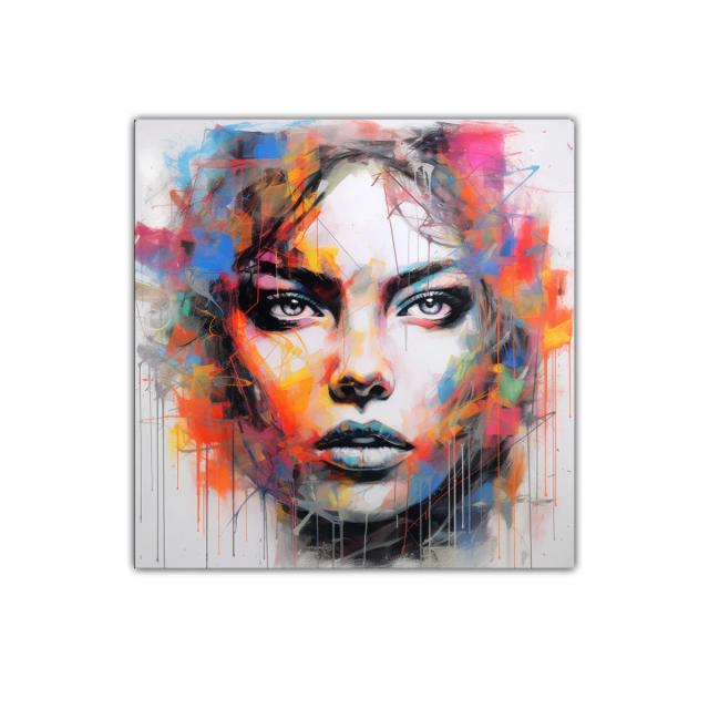 Retrato vibrante con explosión de colores intensos y mirada impactante