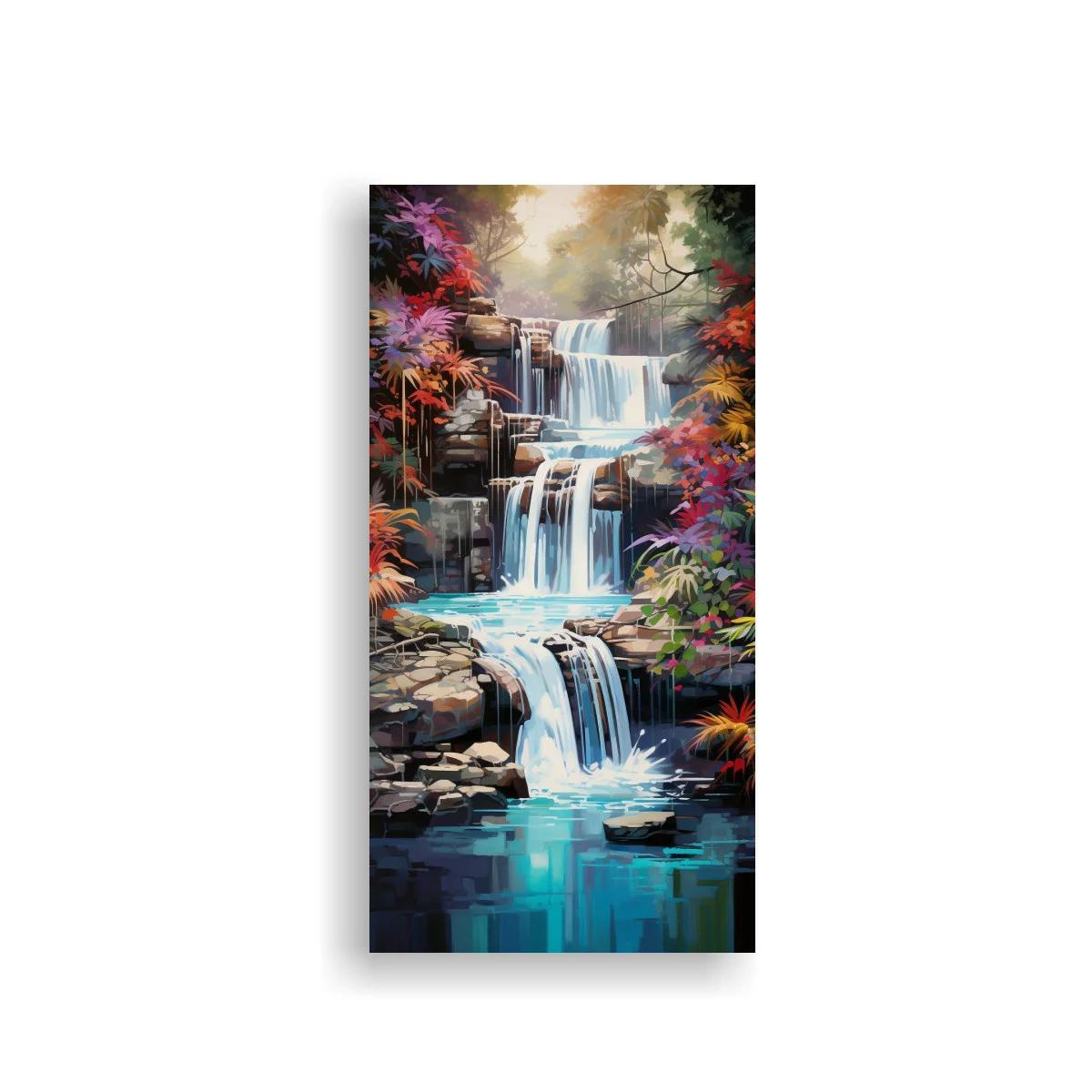 Cuadro cascada de varios niveles entre rocas oscuras