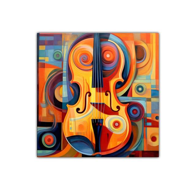 Cuadro vibrante con violín en tonos cálidos y formas abstractas