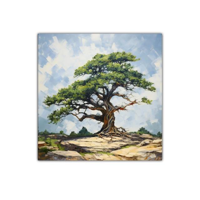 Árbol solitario sobre rocas en paisaje sereno