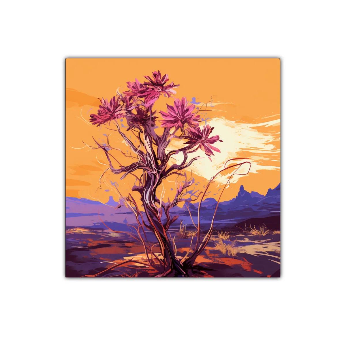 Atardecer con árbol de flores vibrantes en paisaje desértico — imagen principal