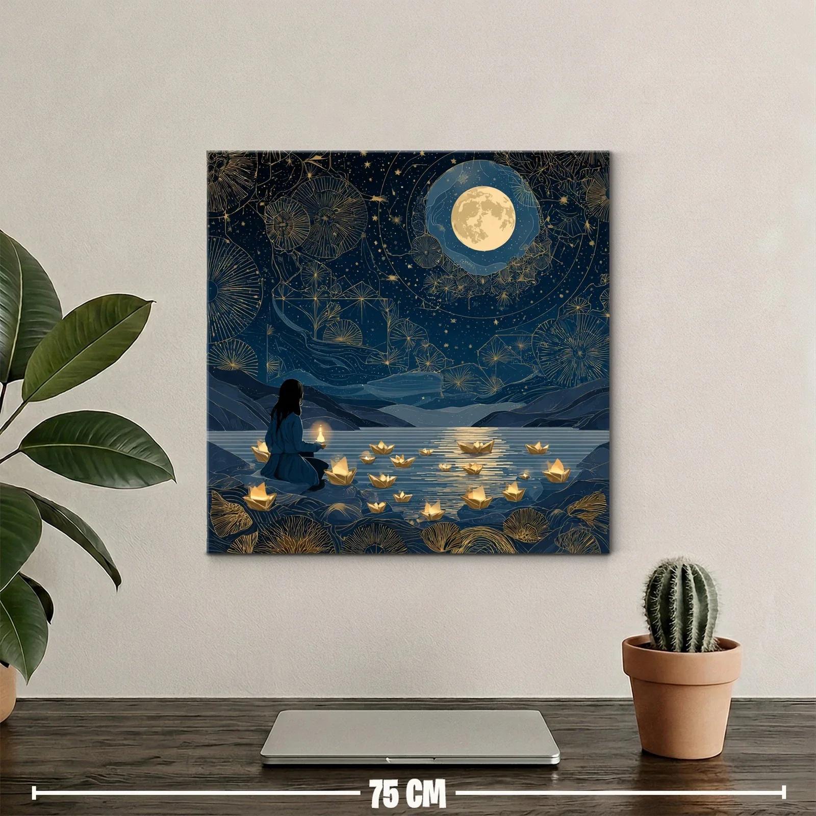 Serenidad Nocturna con Barcos de Luz en Lago Estrellado — miniatura 2
