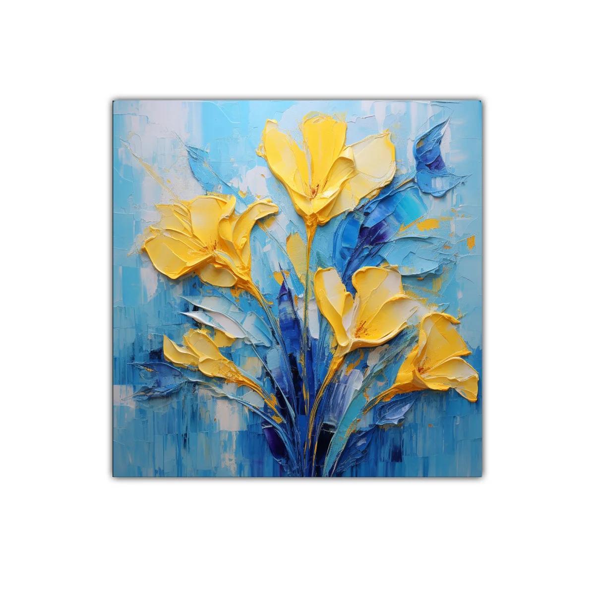 Cuadro floral vibrante con tonos amarillos y azules — imagen principal