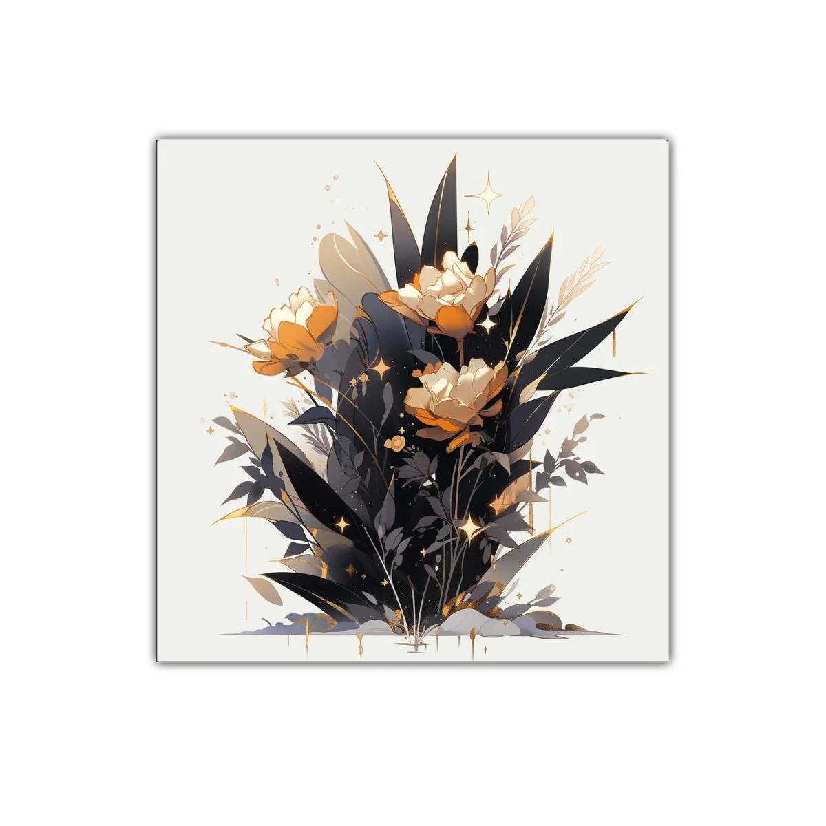 Composición floral elegante con tonos dorados y oscuros