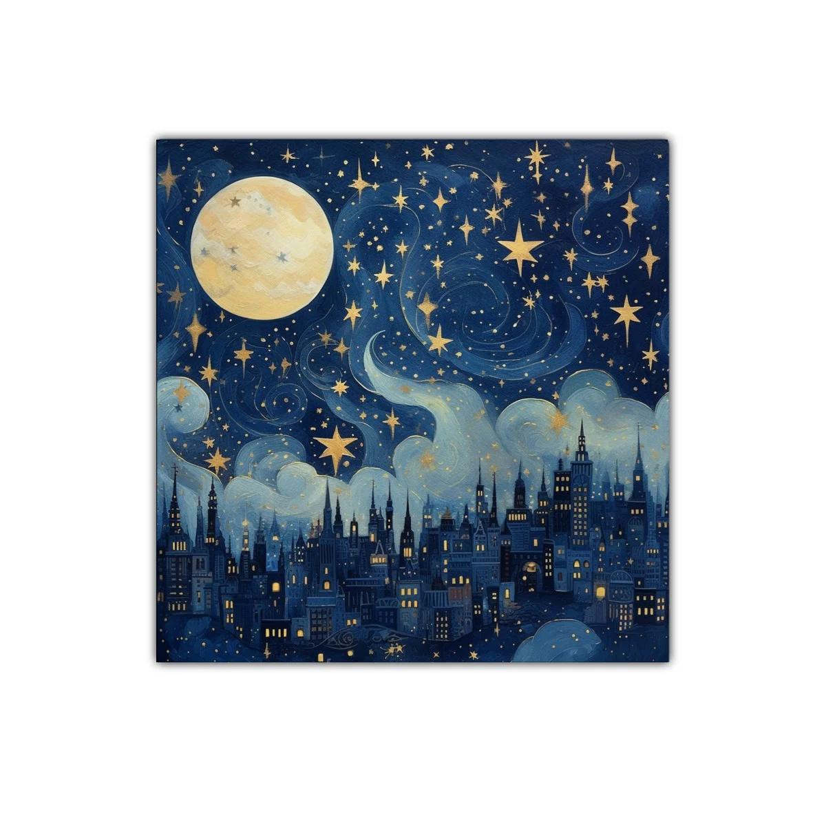 Ciudad nocturna bajo un cielo estrellado con luna llena