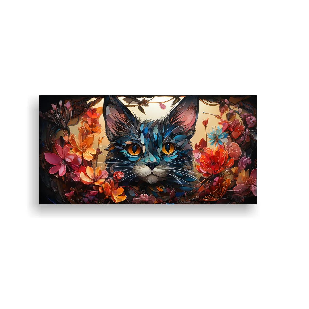 Cuadro gato de ojos ámbar entre flores y follaje — imagen principal