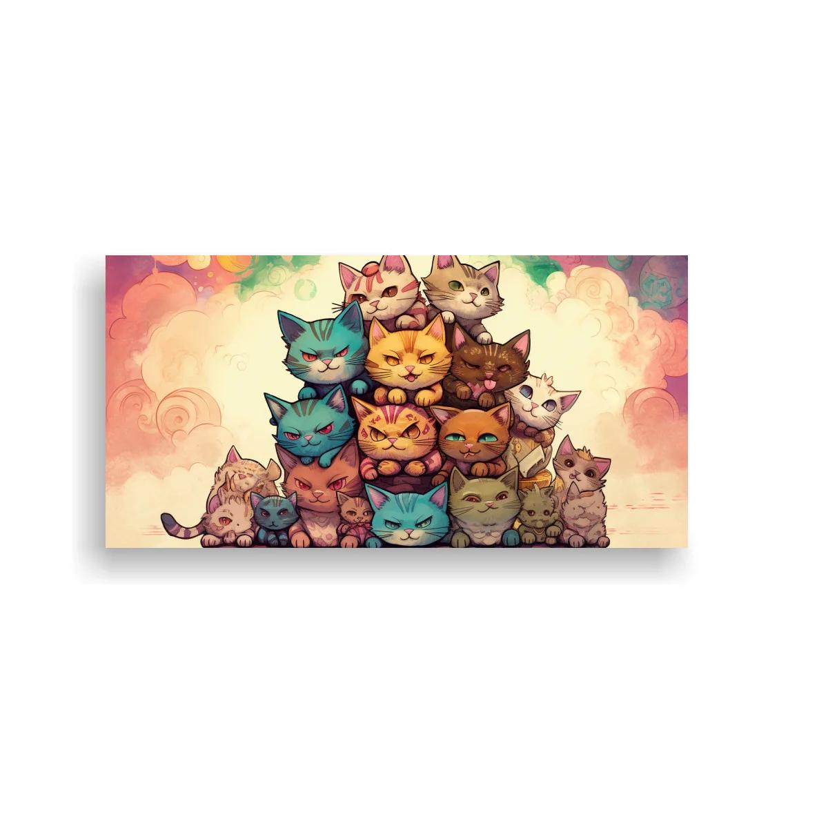 Cuadro grupo de gatos apilados con cielo pastel