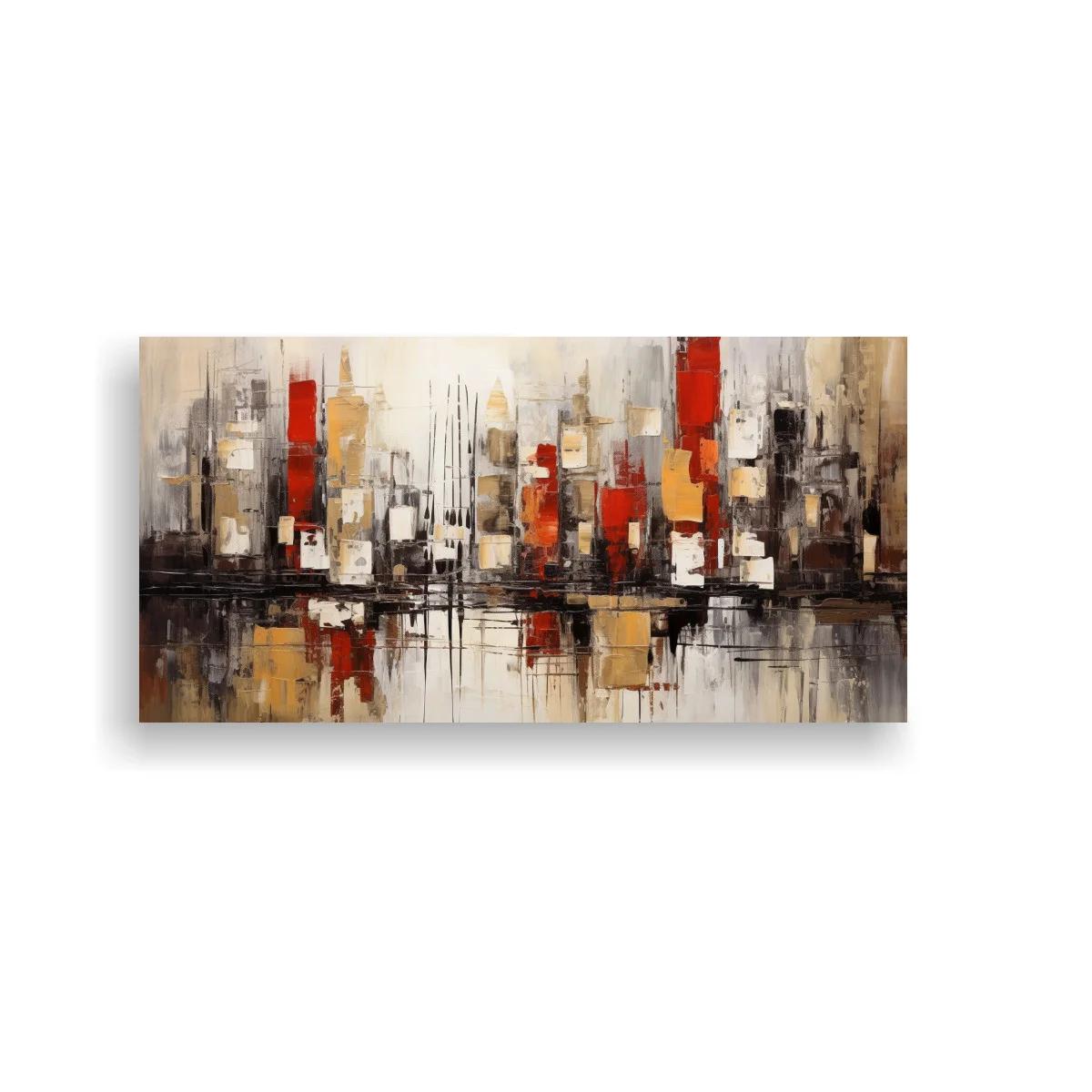 Cuadro skyline urbano abstracto con trazos oscuros y reflejos borrosos