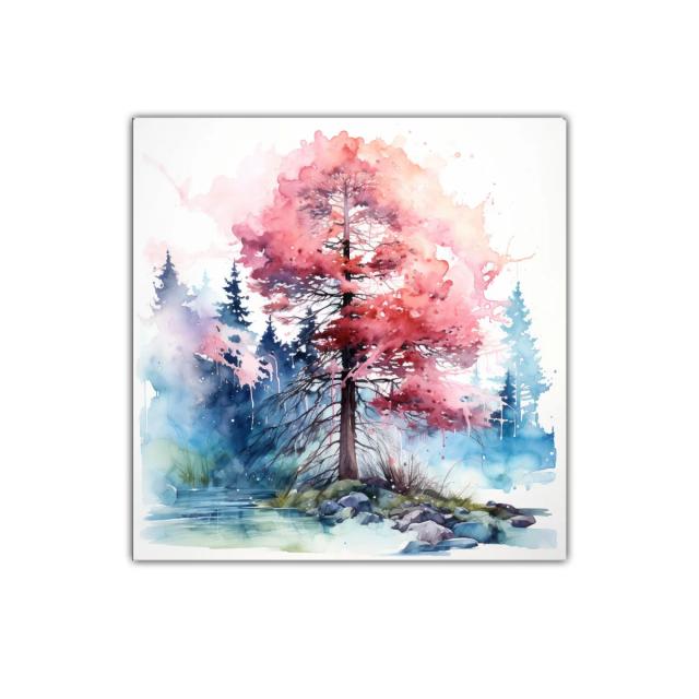 Árbol en otoño con hojas rosas y fondo de bosque azul