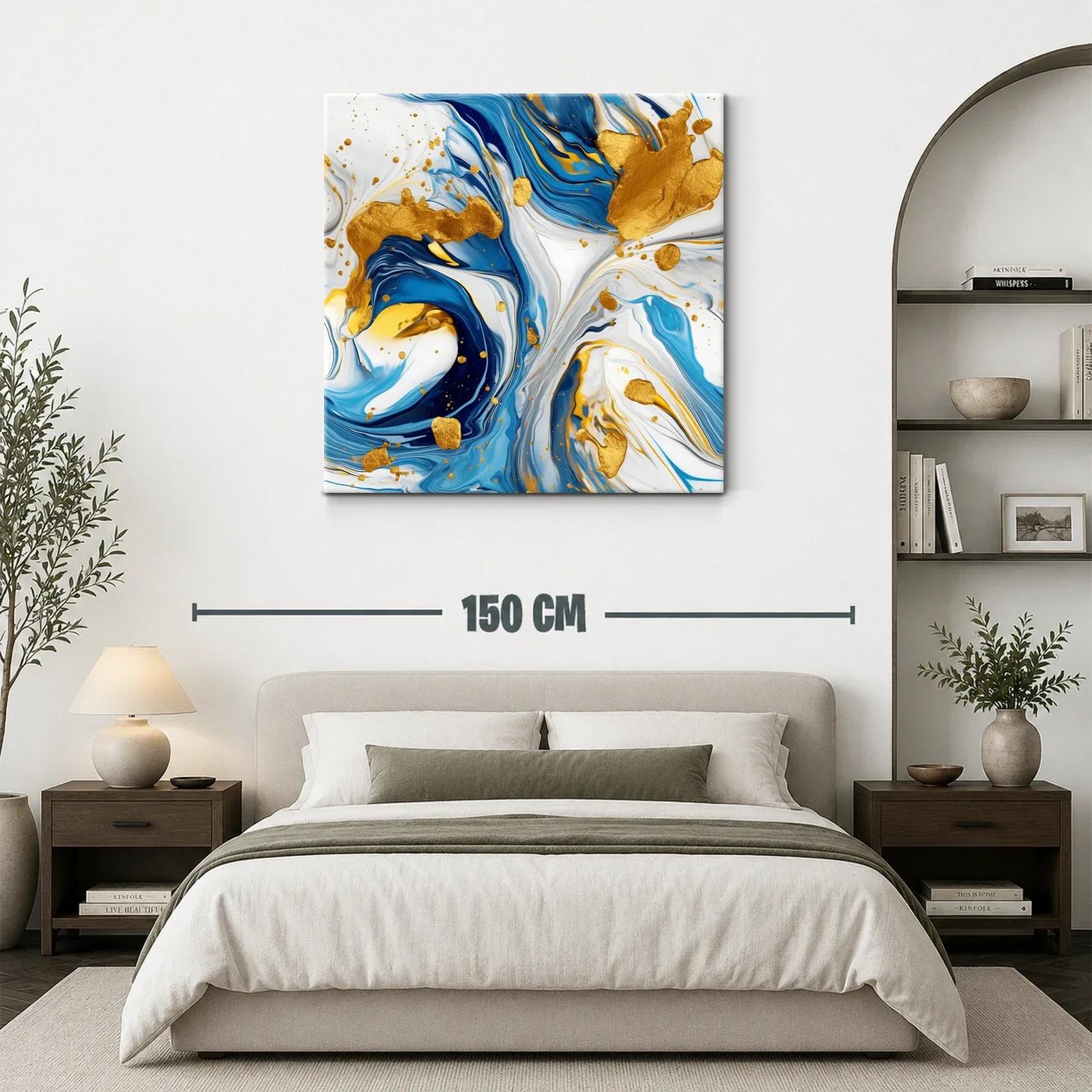 Cuadro abstracto con tonos azules y detalles dorados vibrantes — miniatura 3