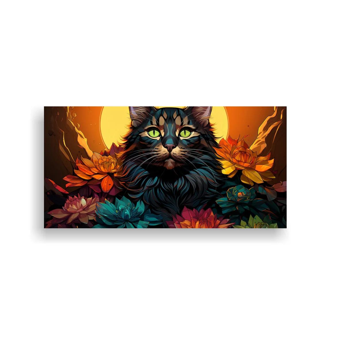 Cuadro gato negro de ojos verdes con gran sol y flores — imagen principal