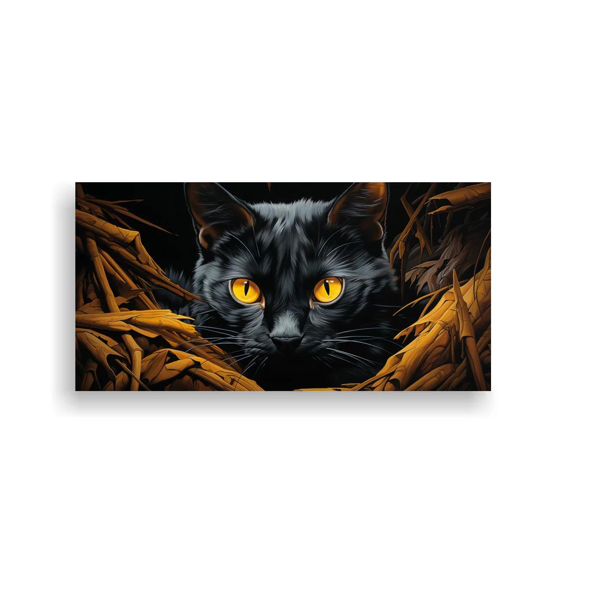 Cuadro gato negro de ojos amarillos entre ramas secas