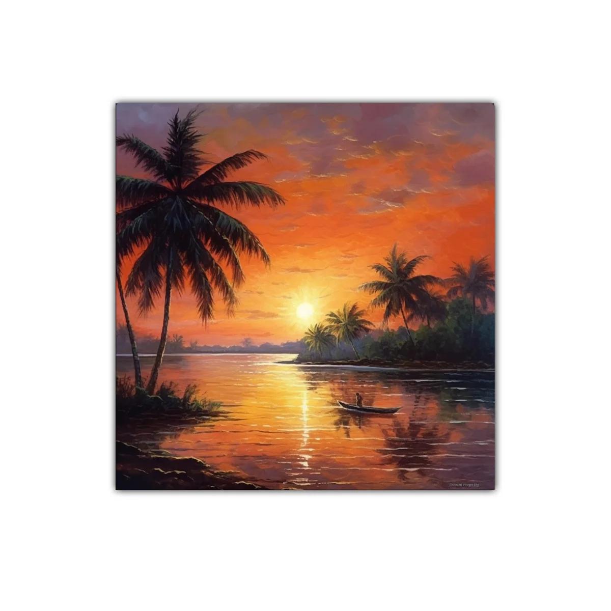 Atardecer tropical con palmeras y río tranquilo