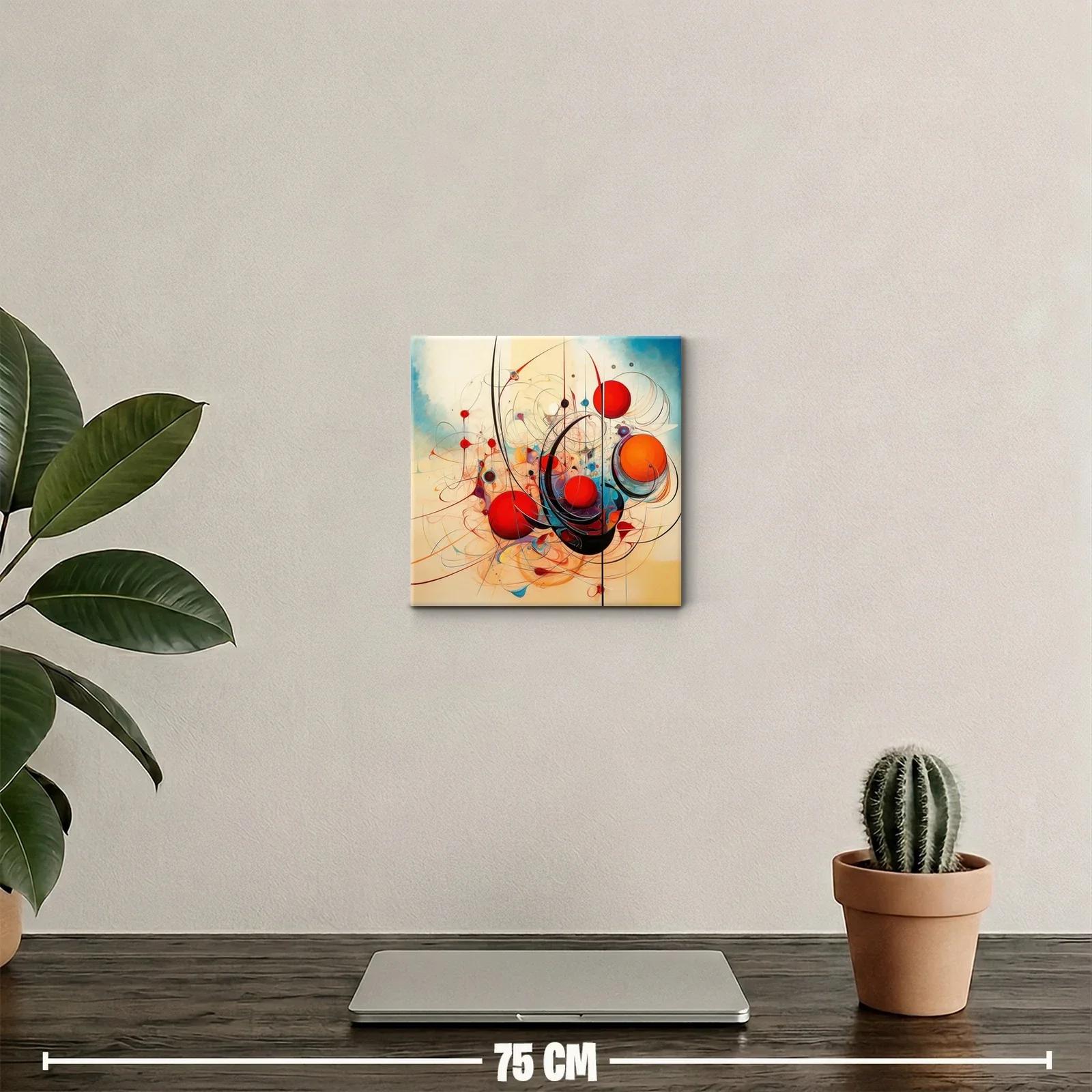 Cuadro abstracto con esferas rojas y trazos curvos dinámicos — miniatura 2