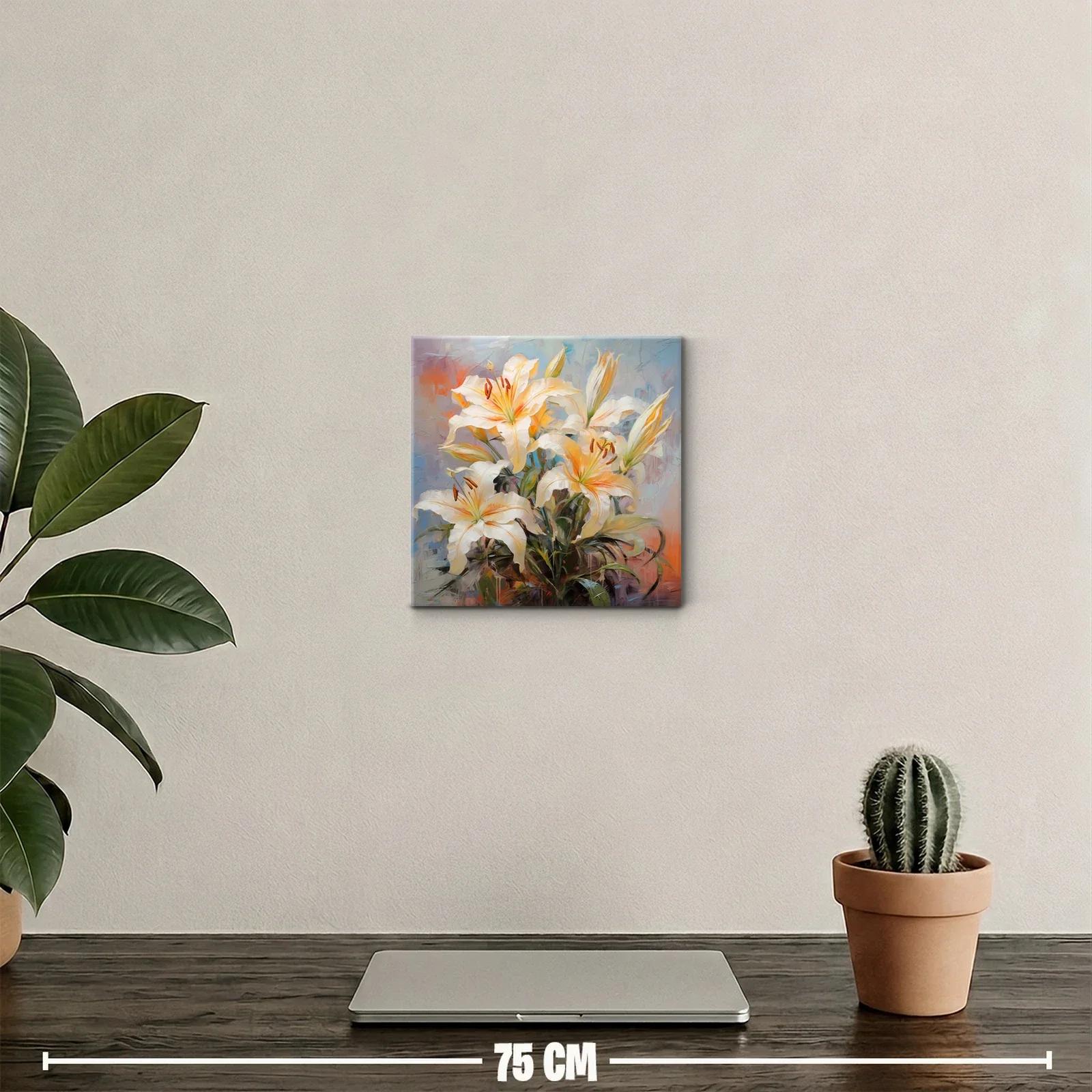 Cuadro decorativo con bouquet de lirios blancos y tonos cálidos — miniatura 2