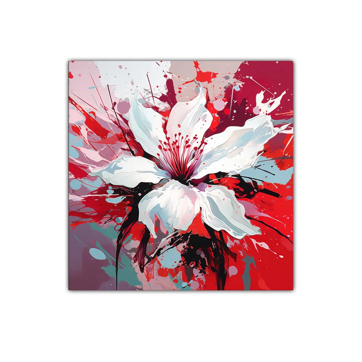 Explosión artística de flor blanca vibrante en tonos rojos — imagen principal