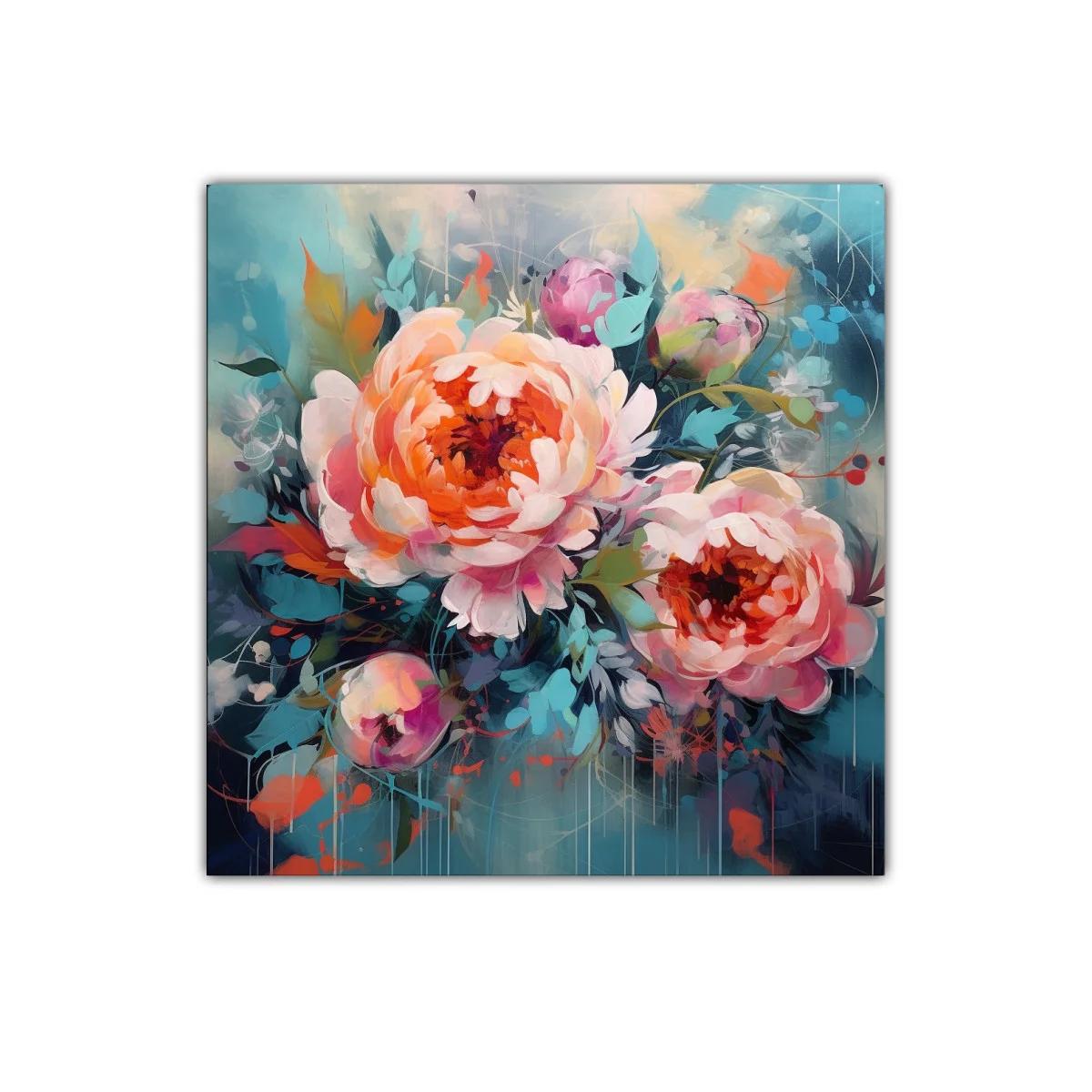 Cuadro floral con vibrantes peonías en tonos cálidos y fríos