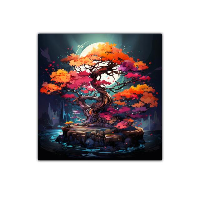 Árbol colorido iluminado por la luna en isla rocosa