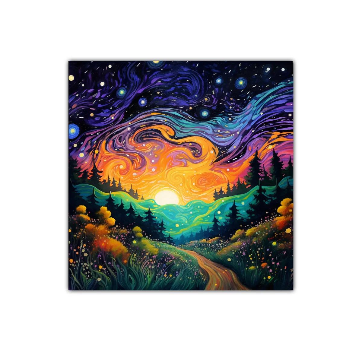 Paisaje nocturno vibrante con cielo estrellado y sendero