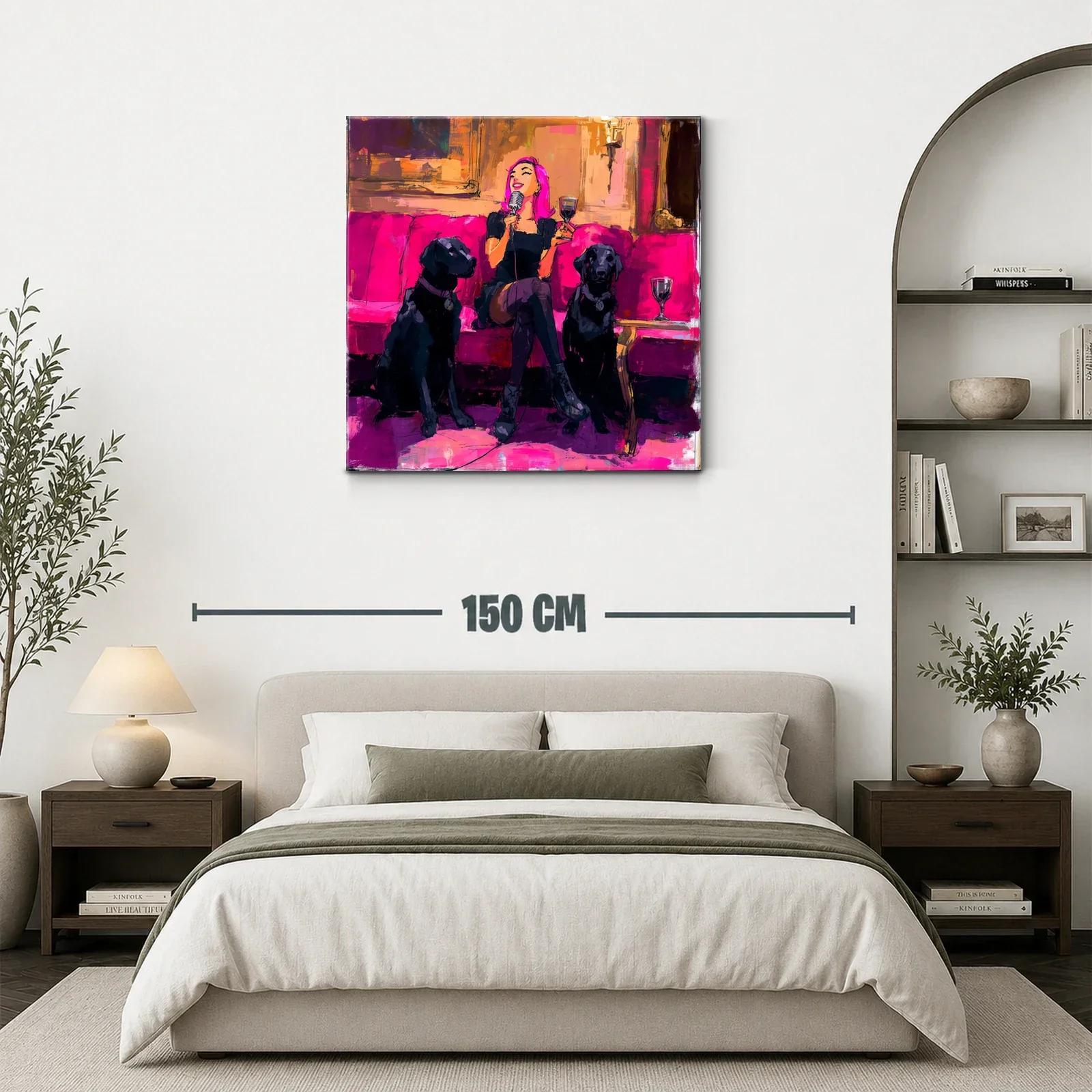 Divertida escena nocturna con mujer y perros en tonos fucsia — miniatura 3