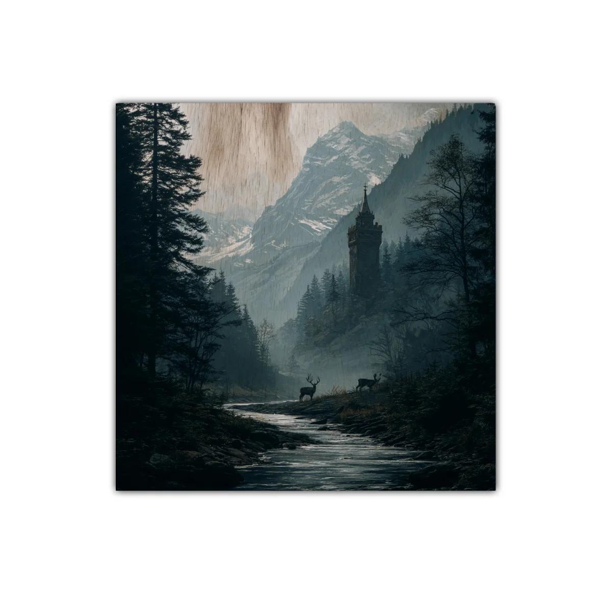 Paisaje montañoso con torre mística y ciervos al amanecer — imagen principal